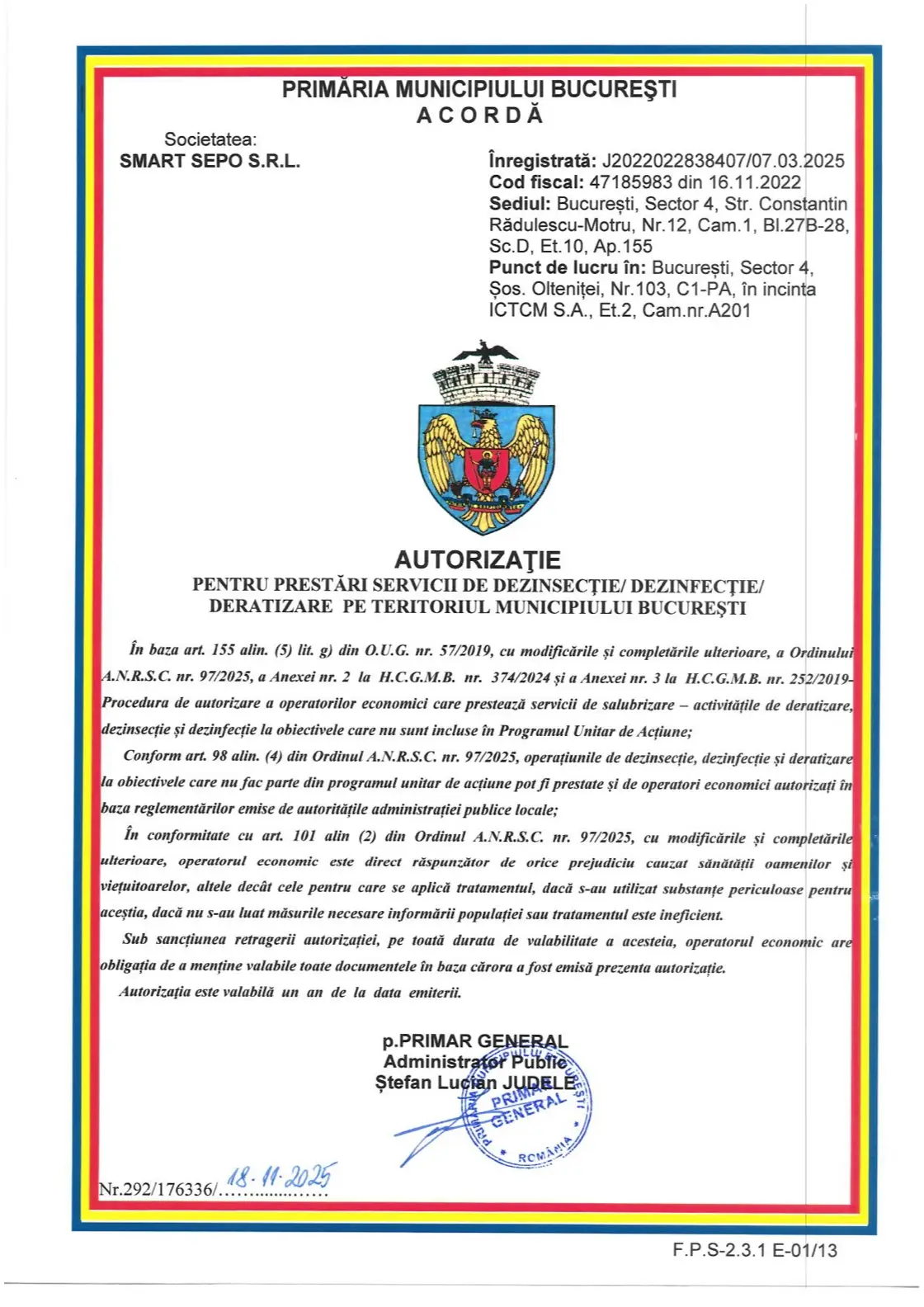 Autorizație PMB pentru prestări servicii DDD - SMART SEPO S.R.L. (document scanat)