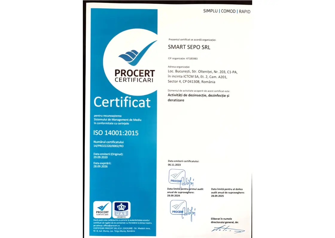 Certificare ISO 14001:2015 (Management de Mediu) - SMART SEPO S.R.L. (document scanat)