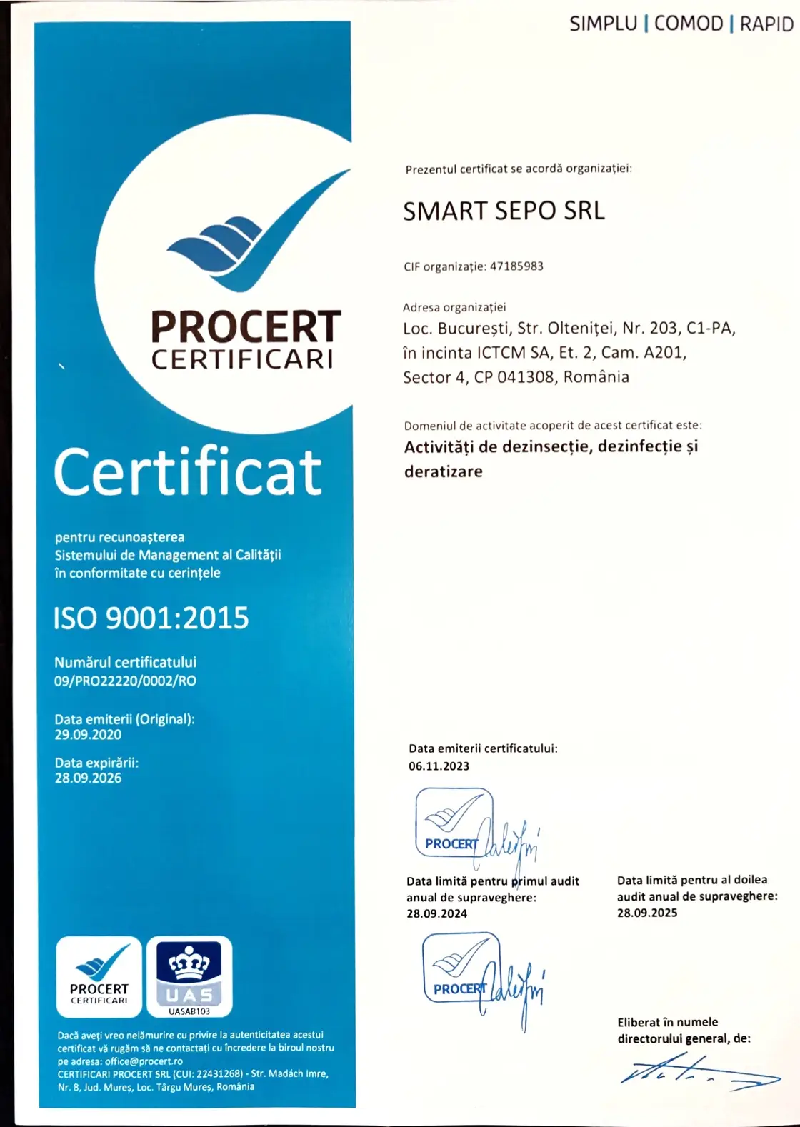 Certificare ISO 9001:2015 (Managementul Calității) - SMART SEPO S.R.L. (document scanat)
