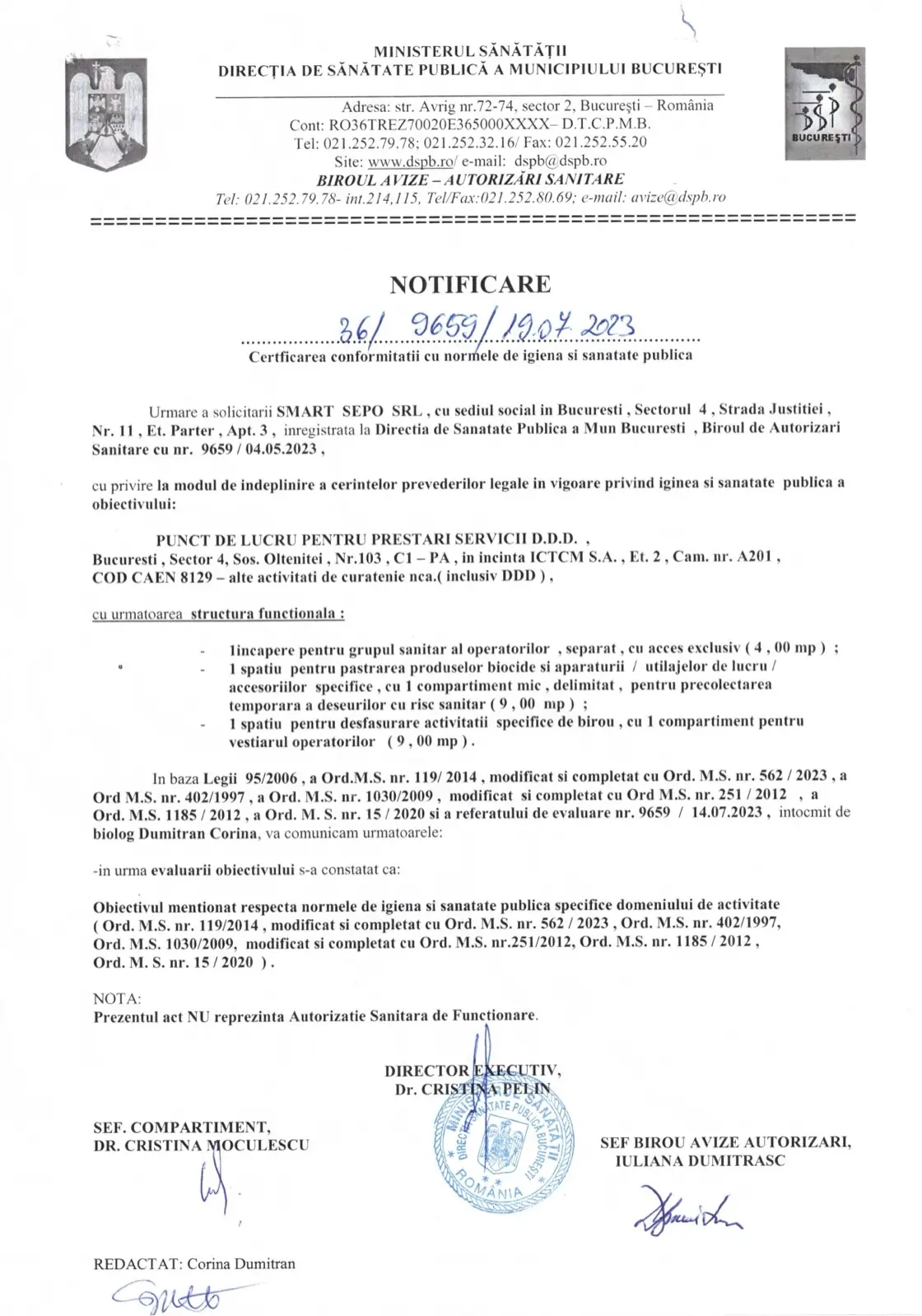 Notificare DSP: conformitate cu normele de igienă și sănătate publică - SMART SEPO S.R.L. (document scanat)